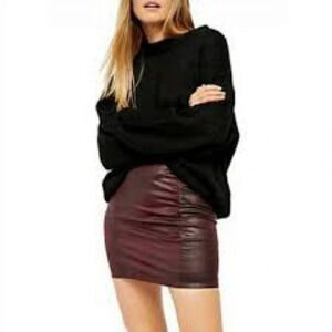 Free People Rumi Ruched Faux Leather Skirt in Burgundy - NEW - Size Large